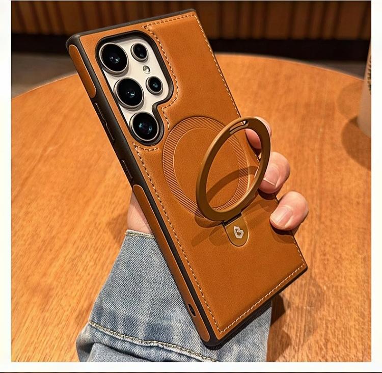 Business Retro Leather Holder Magnetic Case for Samsung Galaxy S25 S24 Ultra S23 S22 Plus Wireless Shockproof Cover for Magsafe