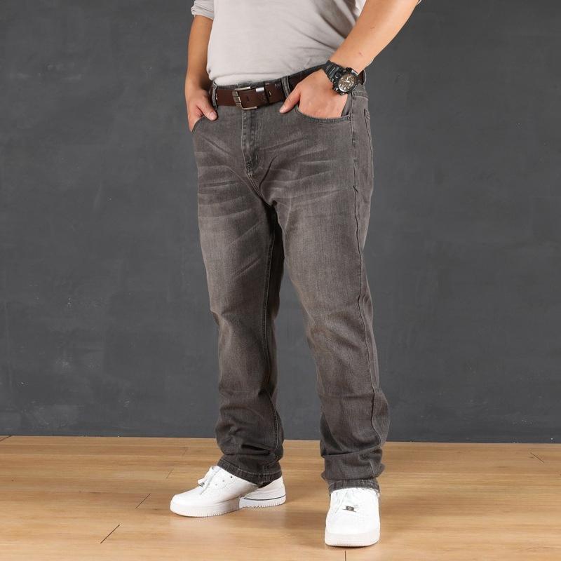 Podzimní džíny s vysokým pasem, vysoce strečové, volného střihu s rovnými nohavicemi pro muže, elastické kalhoty plus size