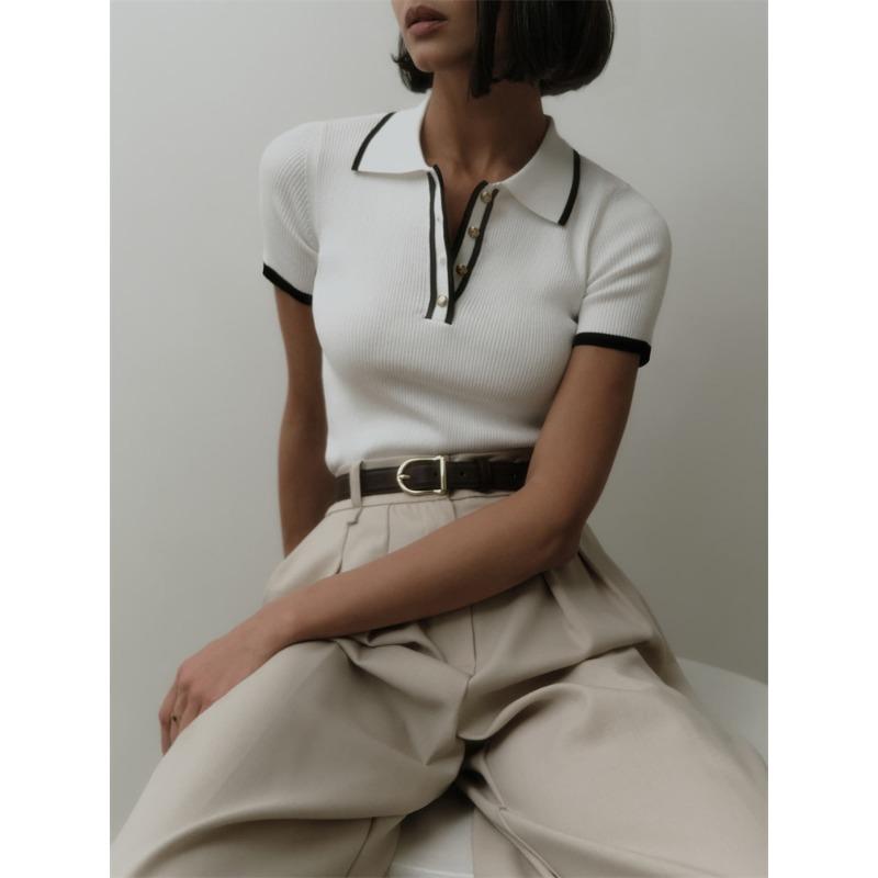 Women S Fitted Ribbed Turn Down Collar Knit Top 3 4 Sleeve