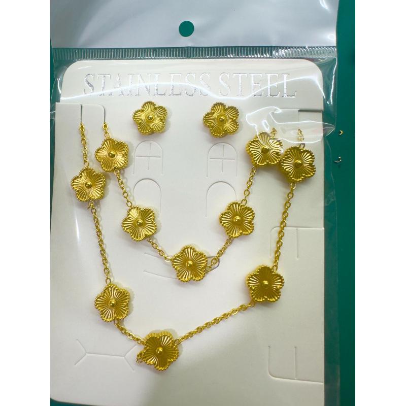 Double-Sided Mother-of-Pearl Five-Leaf Clover Jewelry Set (Bracelet, Necklace, Earrings) - 18K Gold Guaranteed