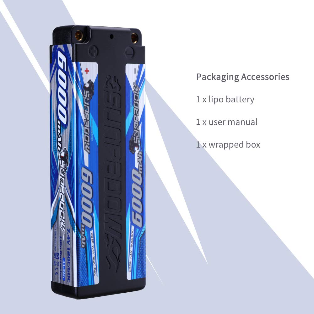 SUNPADOW 2S 7.4V 120C 6000mAh Hard Case RC LiPo Battery with 4mm Bullets for RC 110 Cars, Trucks, and Boats