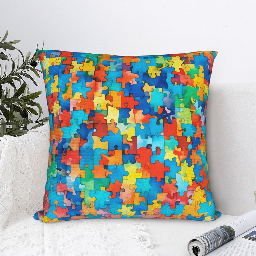 Watercolor Autism Puzzle Seamless Pattern Pillow Case Print Pillow Cover Funny Cushion Cover For Sofa Home Decor