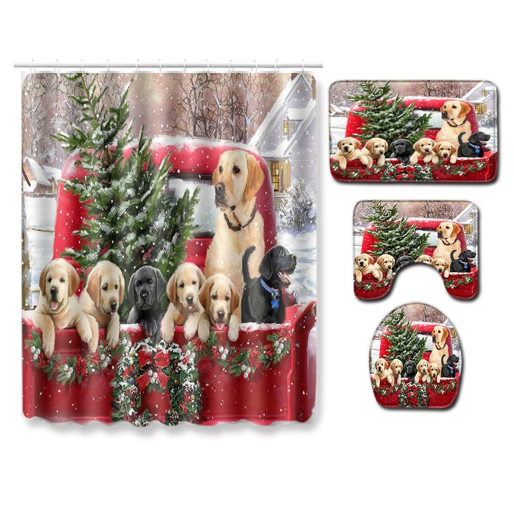 Christmas Shower Curtain Floor Mat Combination Four-Piece Set Bathroom Toilet Carpet Shower Room Mat Foot Mat
