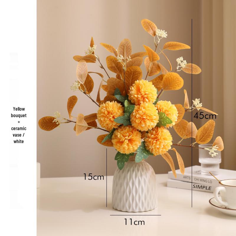 Eucalyptus Ball Chrysanthemum Bouquet in Ceramic Vase - Artificial Dried Flowers for Living Room or Dining Table Decor
