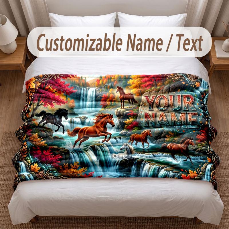 Horse Theme Soft Blanket Personalized Custom Name Text Print Warm Blanket Home Sofa Bedroom Decor