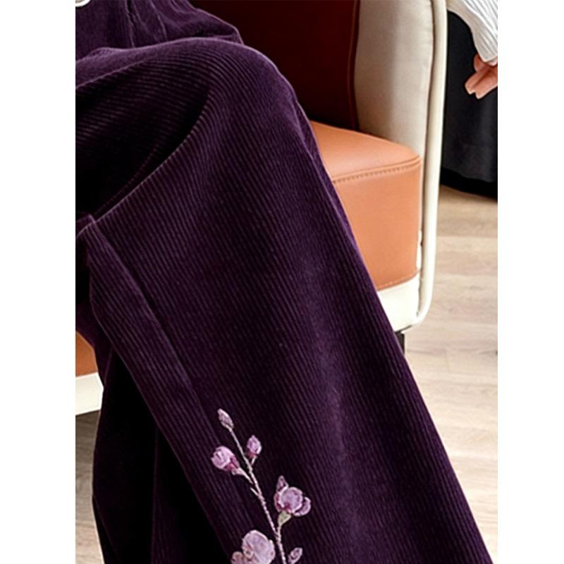 European Cotton Velvet Frog Button Wide-Leg Pants - Dark Purple, Plus Velvet, Chinese Style 2026