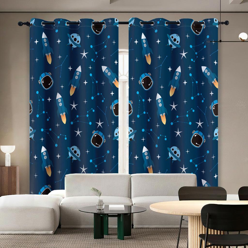 Adorable Astronaut Window Panel Drapes Spaceship Rocket Moon Eyelet Blackout Curtain Galaxy Star Outer Space Curtains for Kids Room Decor