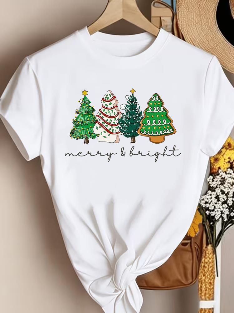 (Asian Size) watercolor winter Christmas Clothing New Year T Shirt Women Fashion Festival Tee Top Print Woman Short Sleeve Graphic T-shirts