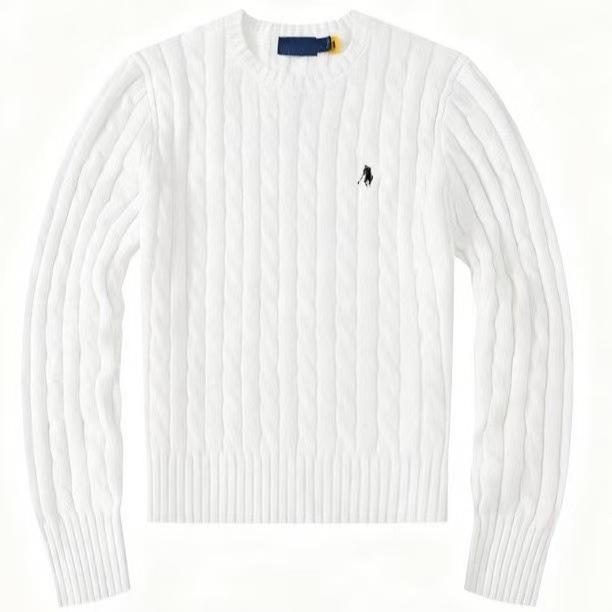 Women's V-Neck Cable Knit Cardigan with Horse Logo Embroidery - Pure Cotton, Long Sleeve, Casual Style.