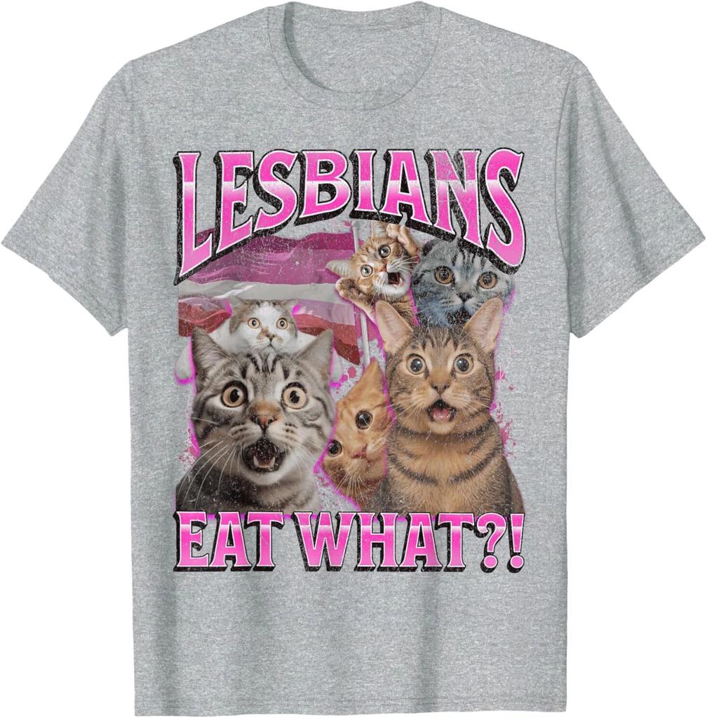 Lesbians Eat What Funny Cat Gay Pride LGBTQ Pun Bootleg TShirt Clothing Graphic Short Sleeve Shirt Men Women AllSeason
