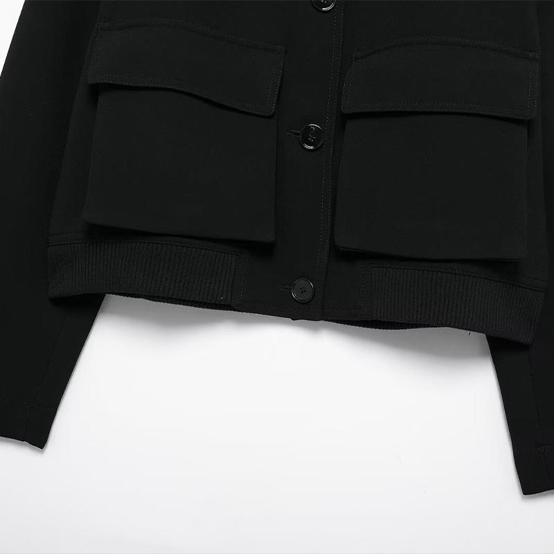 Women Fashion With Pockets Black Single Breasted Bomber Jackets Vintage O-Neck Long Sleeves Female Chic Lady Outfits
