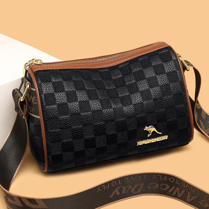 New Women's Soft Leather Shoulder Bag Fashionable Wide Shoulder Strap Plaid Embossed Practical Large-capacity Pillow Bag