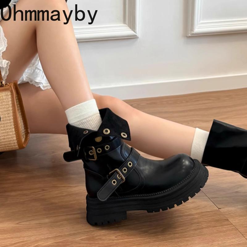Herbst Winter Gürtelschnalle Damen Ritterstiefel Mode Slipper Vintage Plateau Quadratische Absätze Damen Mid Calf Stiefeletten