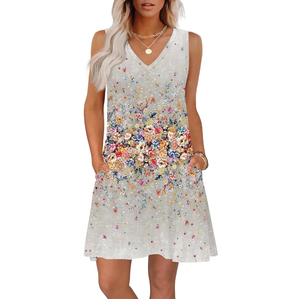 Women's Summer Dresses Loose Fit Printed V Neck Sleeveless Sundresses Beach Hawaiian Dress With Pockets