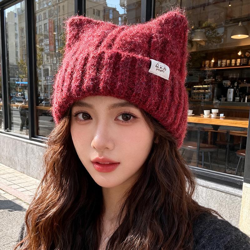 Korean Style Cat Ear Woolen Hat for Women Winter New Warm Ear Protection Knitted Hat Showing Face Little Cute Pullover Hat