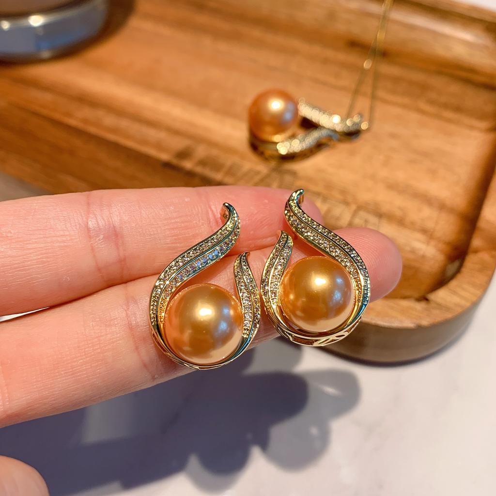 Douyin S925 Stříbrná jehla Tmavě žlutá Náhrdelník s fritillary korálky Náušnice Dvoudílná sada šperků na svatební večeři