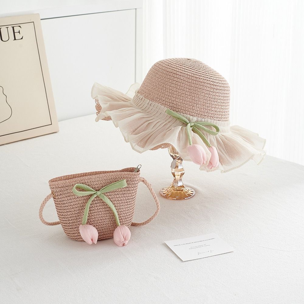 with Same Style Crossbody Bag Tulip Straw Sun Hat Korean Style Lace Brim Beach Cap  Baby