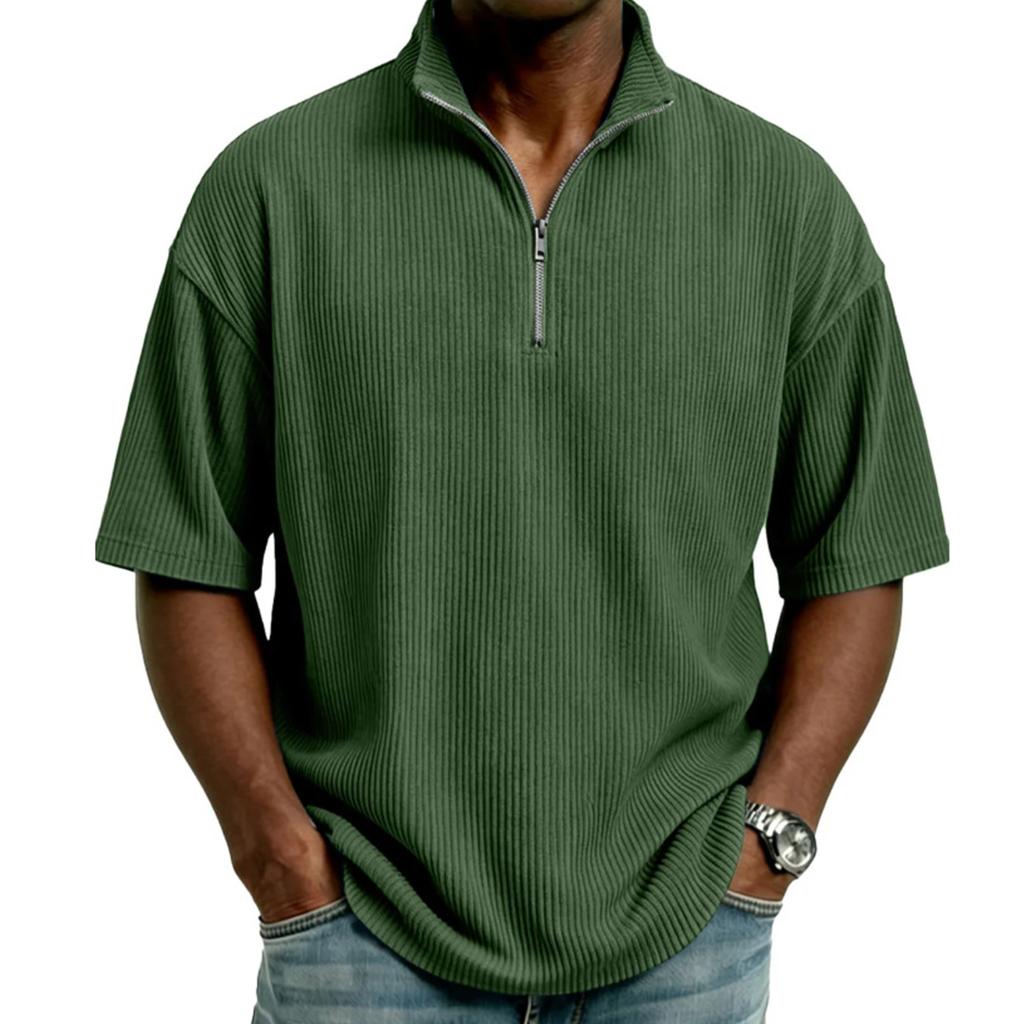 Men's Half,zip T,shirt, Corduroy Short,sleeved Shirt, Summer Loose Casual Color Top