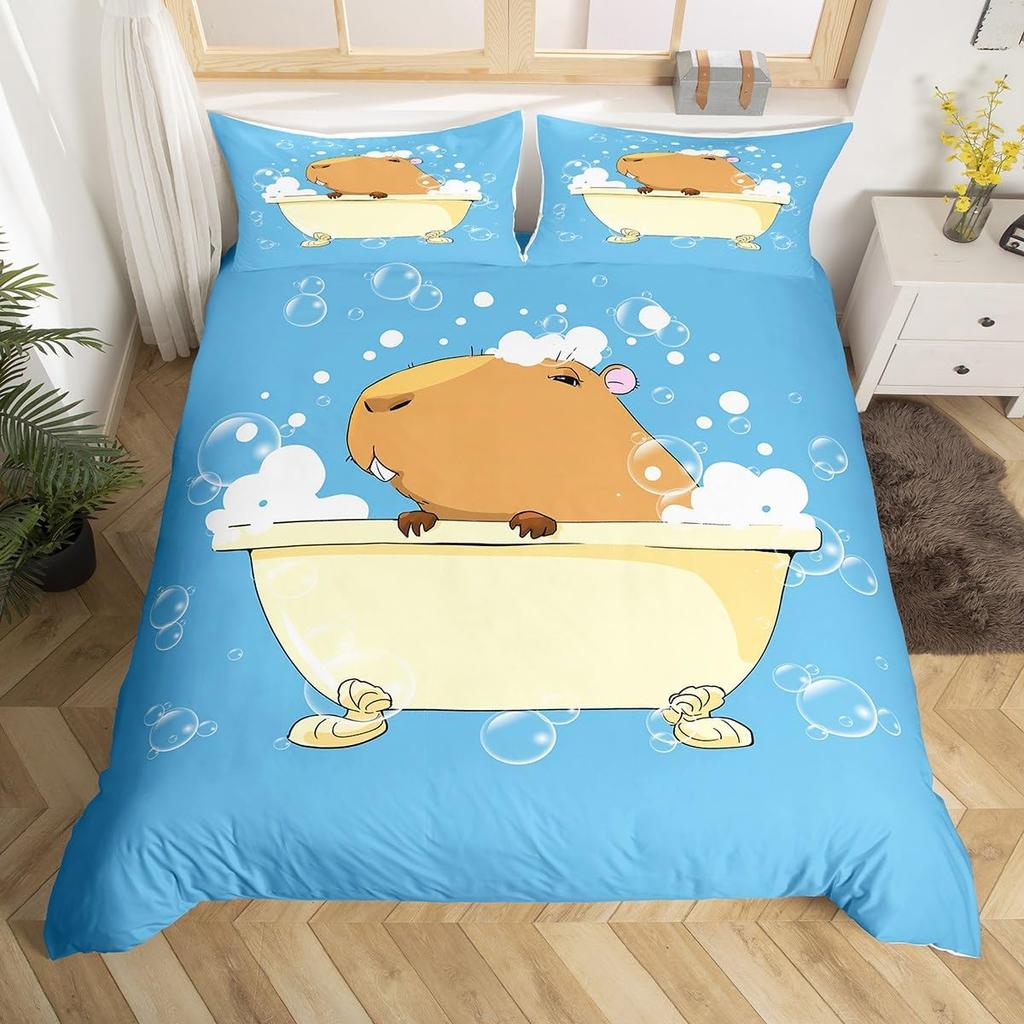 Cartoon Capybara Duvet Cover Twin Queen Toddler Botanical Leaves Funny Animal Bedding Set Graffiti Sketch Lines Comforter Cover