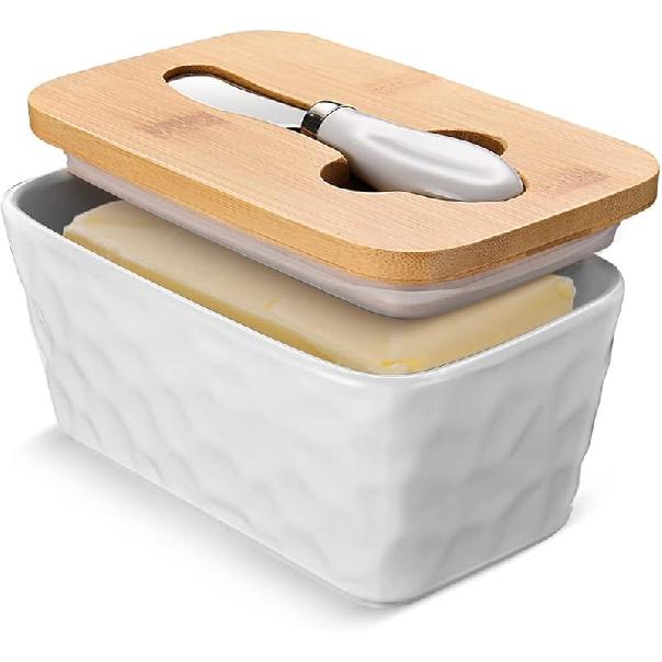 Butter Dish with Lid, Large Butter Dish for Countertop, Ceramic Butter Container with Knife Double Silicone Seal Unique Stone Butter Dishes with