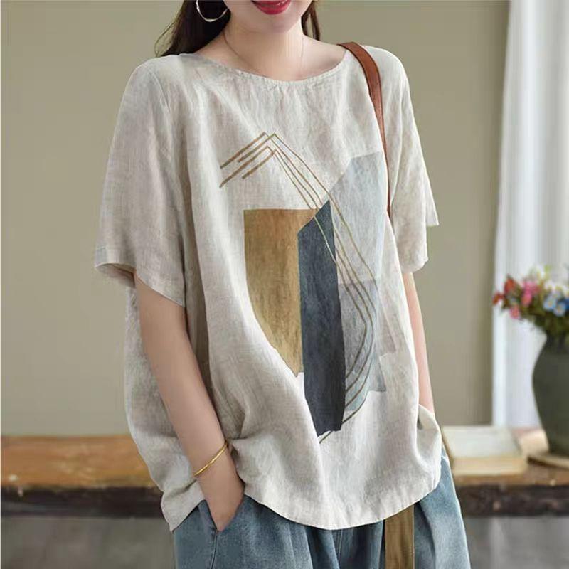 Cotton Linen T Shirts Women Fashionable Vintage Art Printed T-shirt Casual Loose O-neck Short Sleeve Tops Summer Trend Thin Tshirt