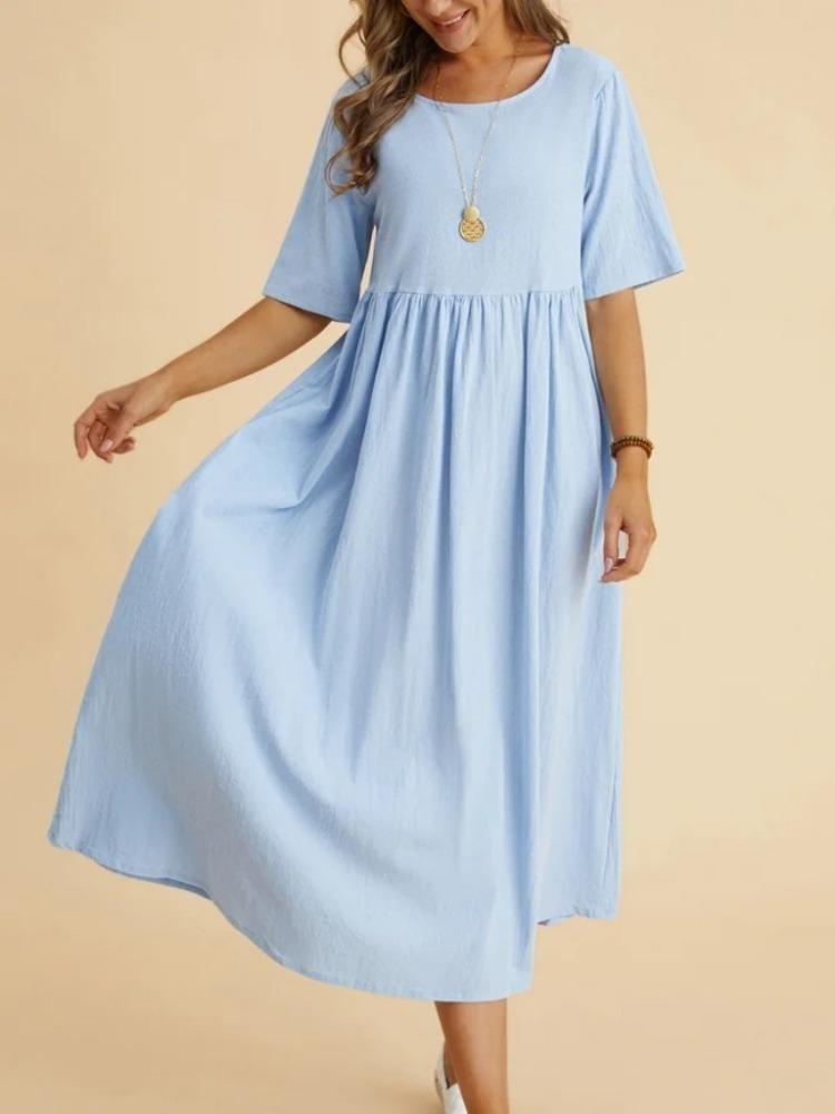 Loose Women Hemp Cotton Dress Medium Length Large Size Round Neck Half Sleeve