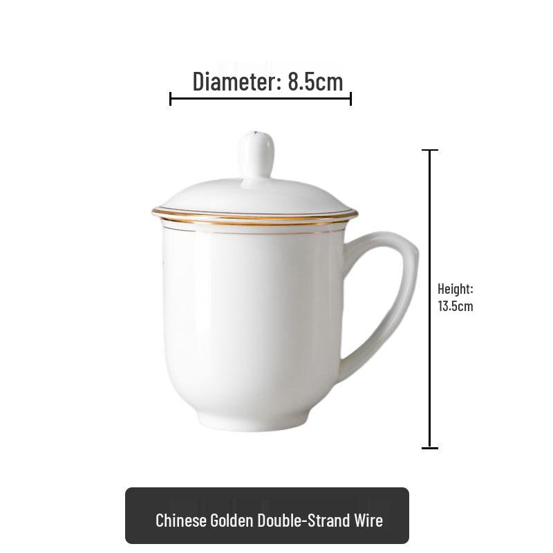 Bone China Gold-Trimmed Ceramic Tea Cup with Lid - White Conference and Office Design