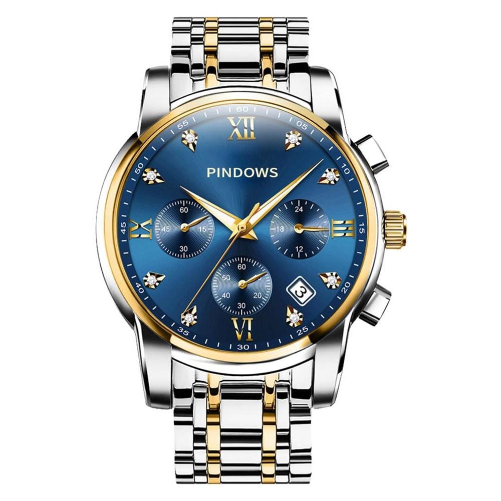 

Men s Watch Diamond Business Dress Analog Quartz Luxury Waterproof Luminous Date Two Tone Stainless Steel Band Classic Fashion PINDOWS