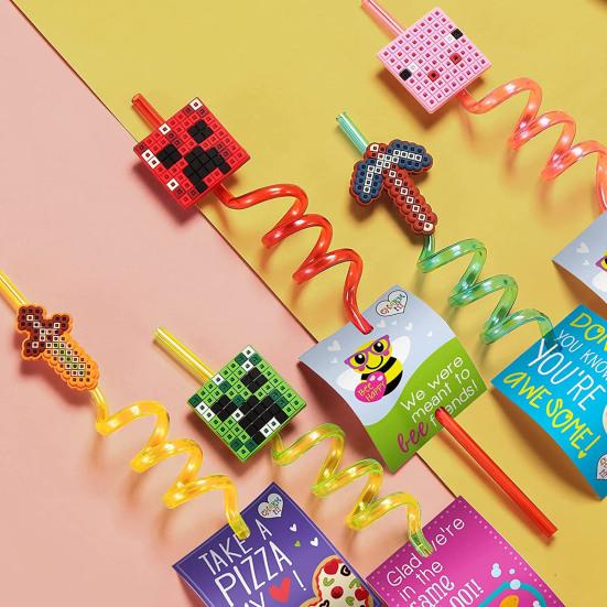 5Pcs Drinking Straws Food Grade BPA Free Smooth Edge Pixel Themed