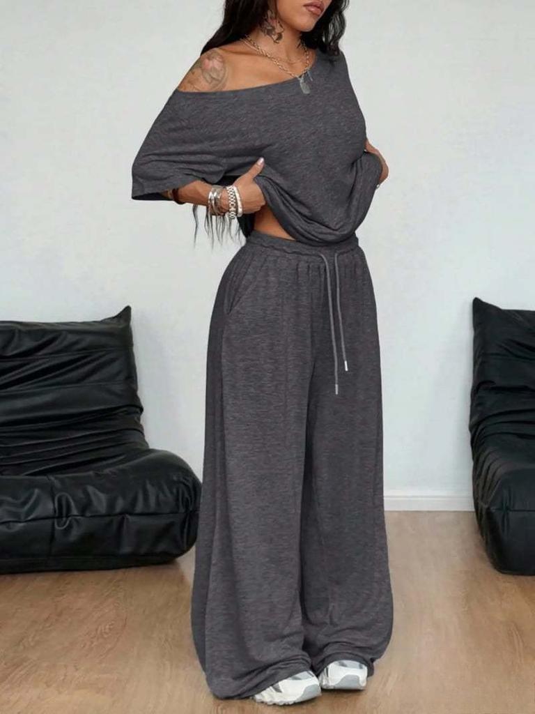 Women's Drop Shoulder Short Sleeve T-Shirts Loose Fit Wide Leg Pants Sets Casual Two Piece Outfits