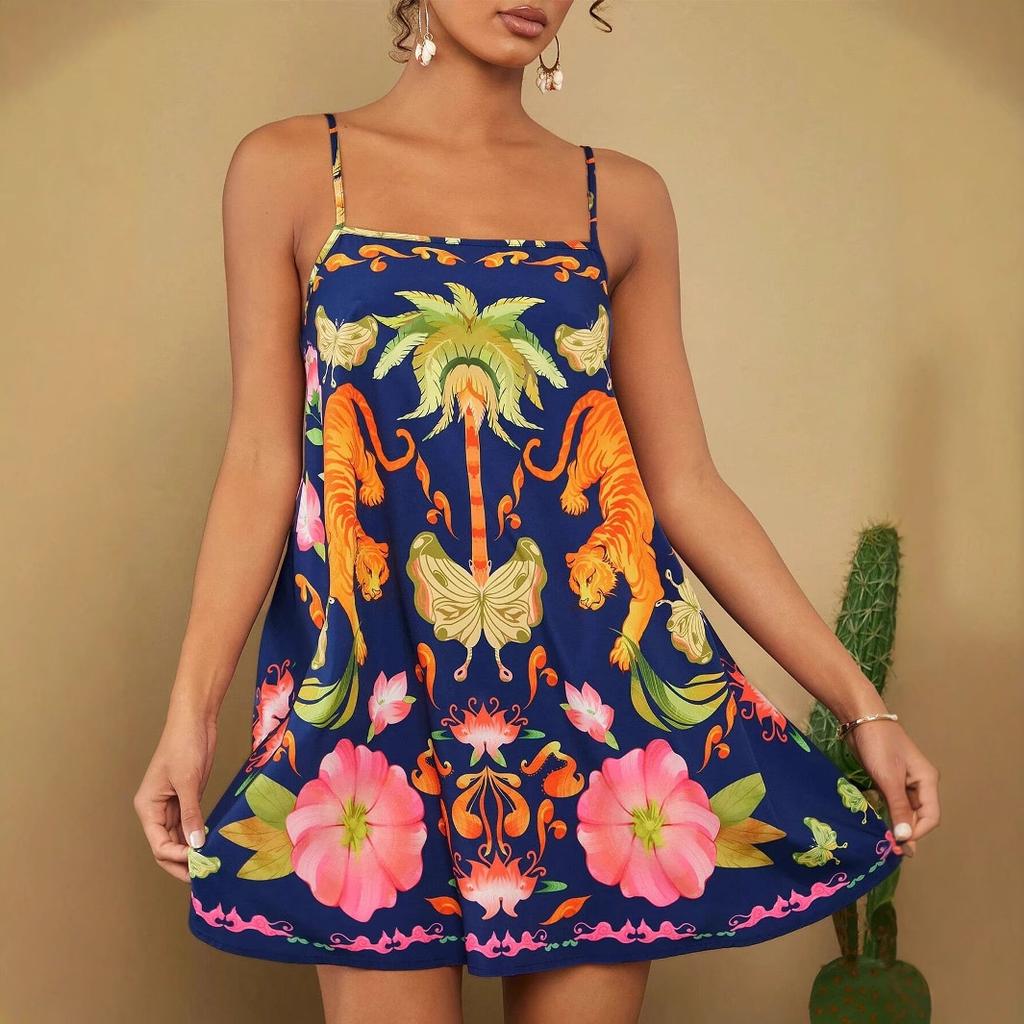 European, American summer bohemian style positioning printing sleeveless suspender short dress women