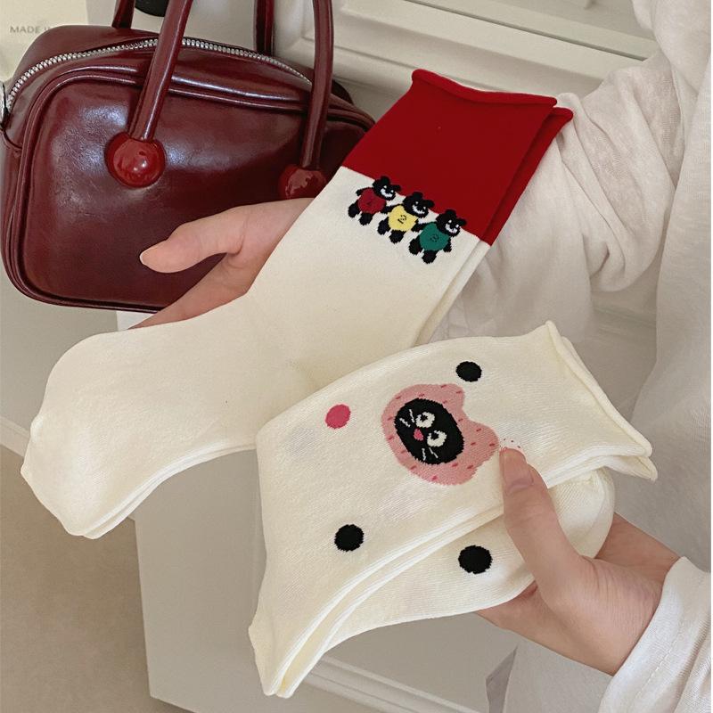 Rolled-up Socks for Women, Autumn Red and White Mid-calf Socks, Cartoon Bear Pile Socks, Striped Boneless Socks