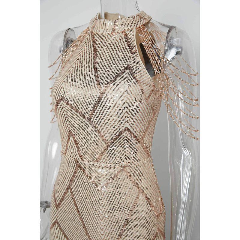 Pailletten-Abendkleid für weibliche Gastgeberin, Bankett, Jahrestagung, High-End-Neckholder-Kleid, Goldene Kleider