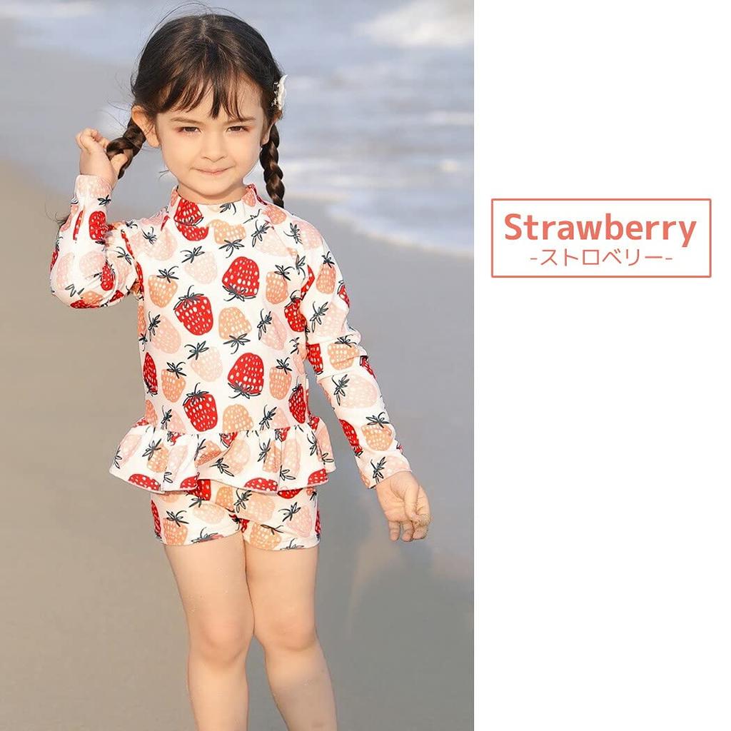 Kids Swimsuit for Long Sleeve Rash Swim Kids418 6T [Teddy] Girls, Separate, Children's Guard, Cap, 3-Piece Set, (Strawberry, (100cm), Numeric_100)