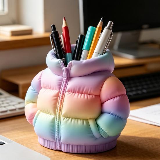 Pufferjacke-förmiger Stiftebecher, 3D-gedruckter Schreibtisch-Organizer, Kreativer Mantel-Stifthalter für Make-up-Pinsel, Home-Office-Dekoration