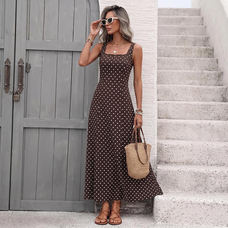 Summer New Style Retro Vacation-themed Long Dress with Strappy Design, Polka Dots, Square Neckline, Sleeveless and Fitted At The Waist.