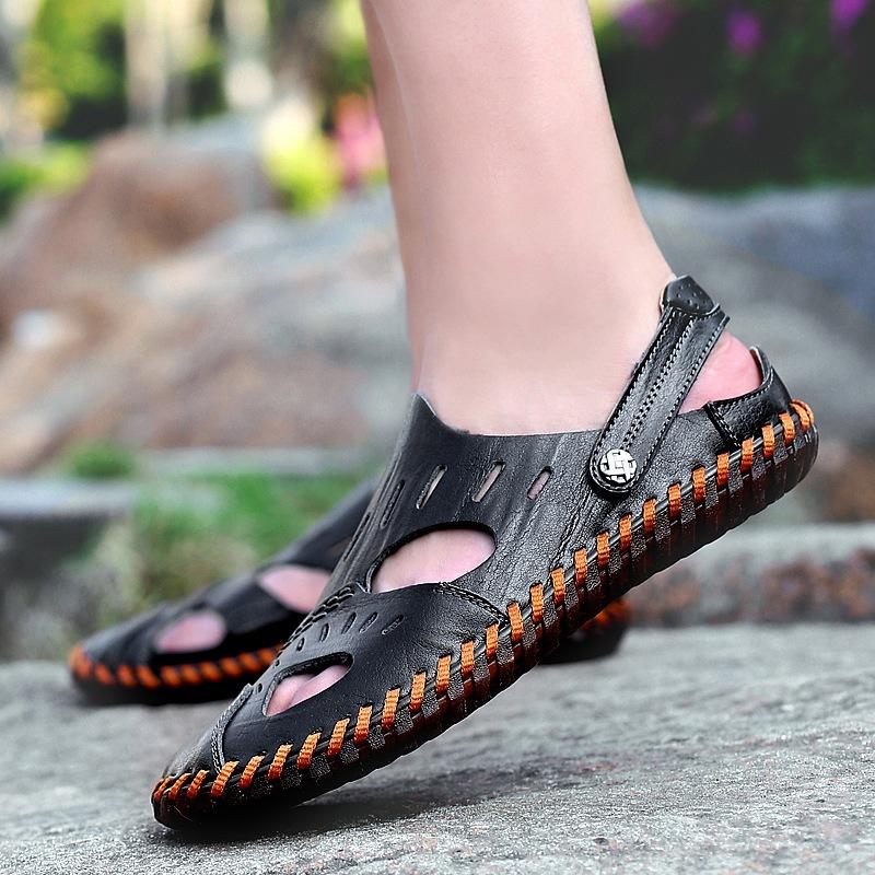 Plus Size 47 Summer Handmade Sandals Men's Authentic Leather Toe Box Hollow Out Shoes Casual Men's British Beach Shoes