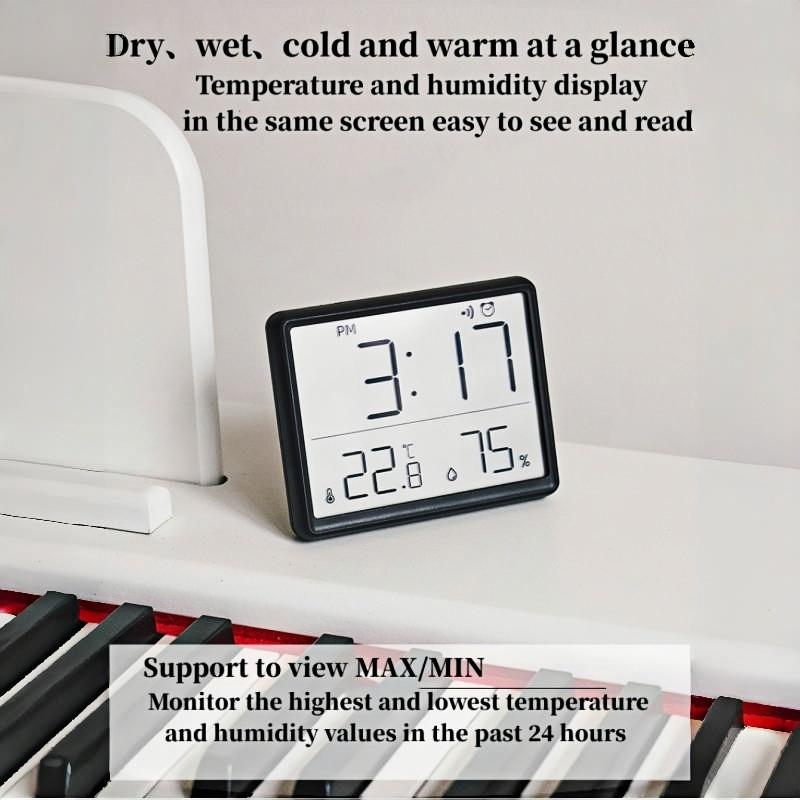 Mini Digital Alarm Clock Temperature Humidity Hourly Beep Magnetic Sucked Table Clock 12/24H Battery Powered LCD Wall Clock