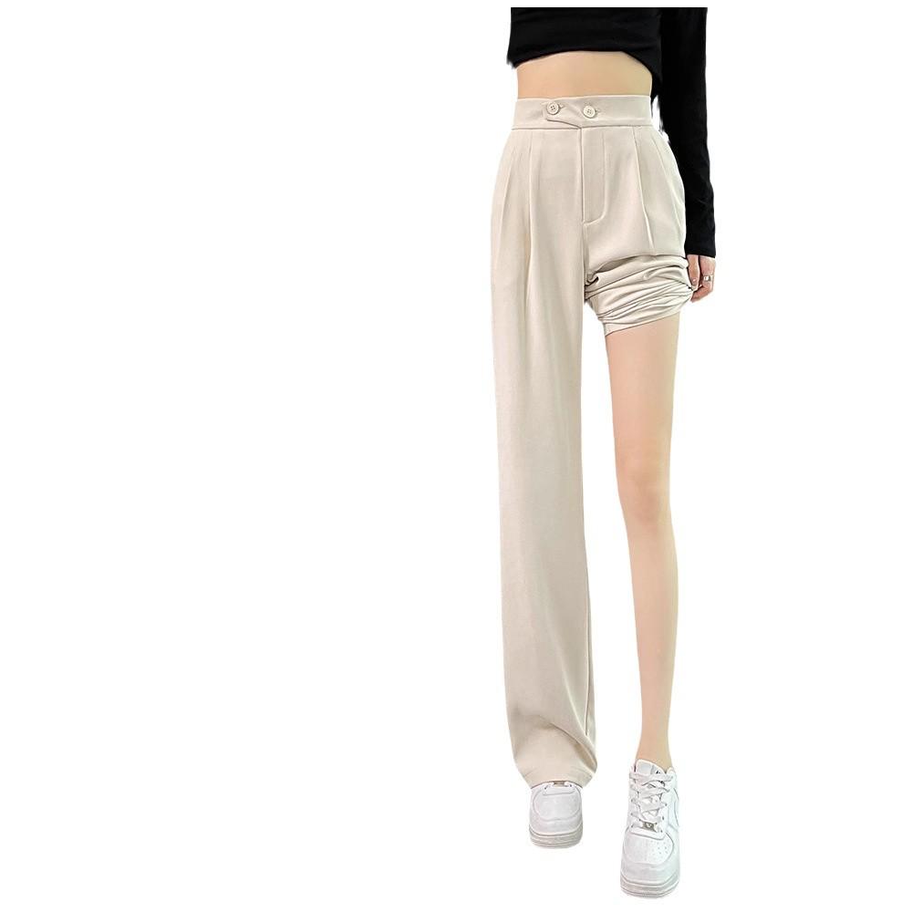 Women's Spring/Summer High Waist Apricot Wide Leg Draping Pants - Loose, Floor-Length, Petite Fit