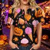 Women's Short Sleeve Cotton Linen Shirt Henley Neck Button Front Chest Pocket Halloween Print Casual Top
