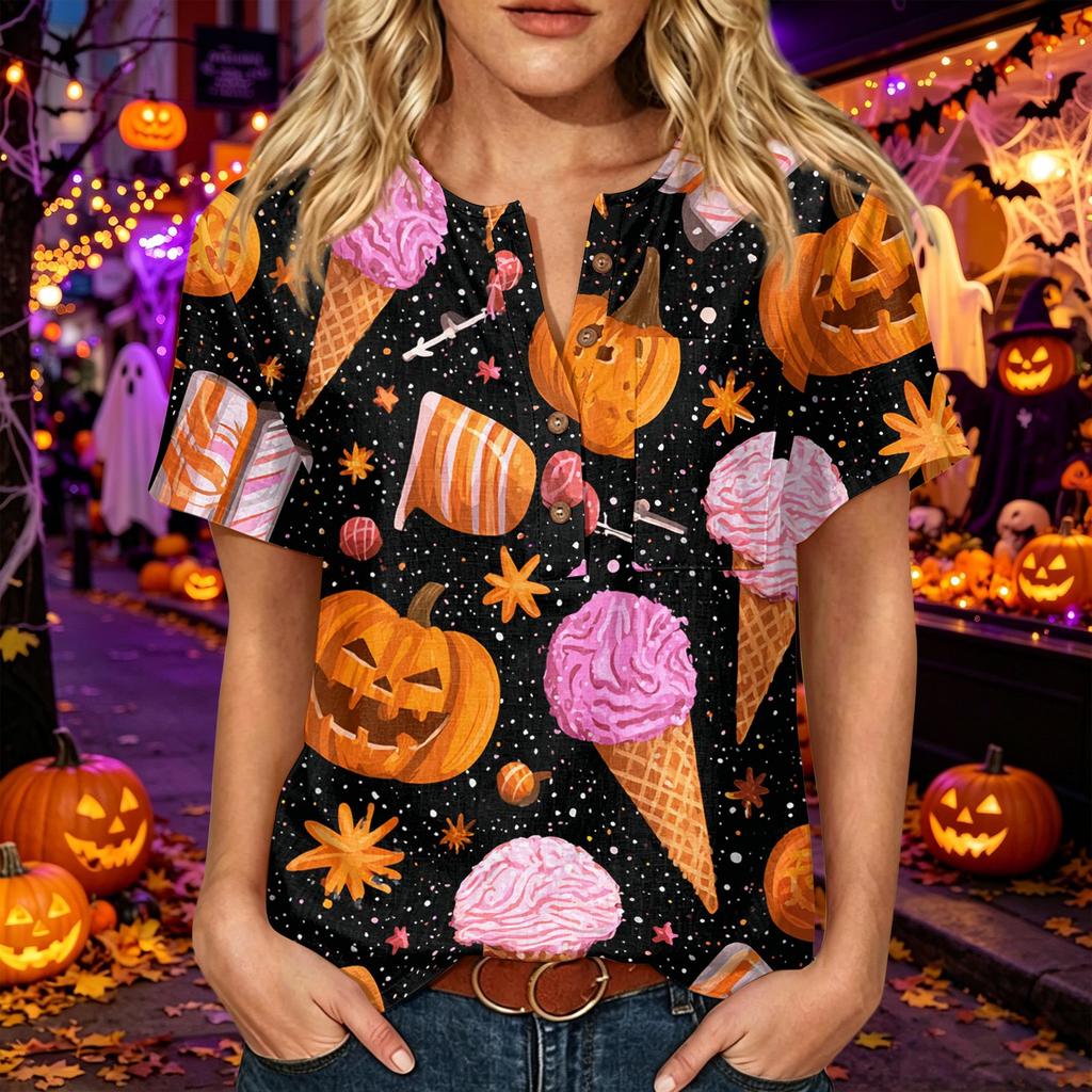 Women's Short Sleeve Cotton Linen Shirt Henley Neck Button Front Chest Pocket Halloween Print Casual Top