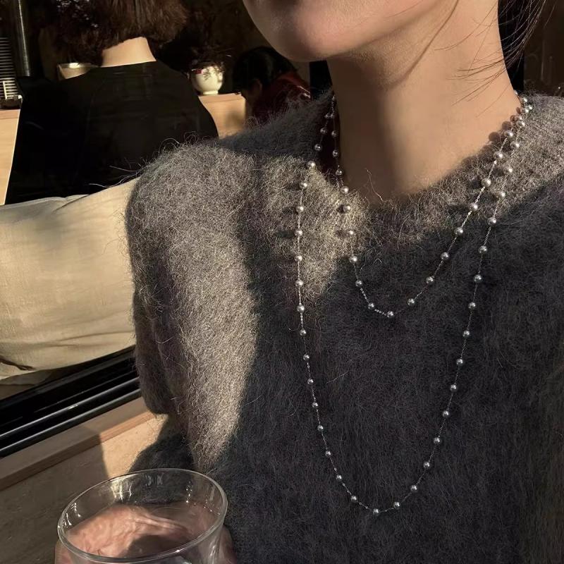 Luxury Necklace Double-Layered White Pearl Necklace for Women Fashionable Long Chain Dress Accessories Gift for Girl Mother
