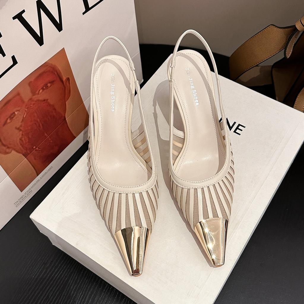 619-2 Temperament Striped Pointed High Heels Women's Versatile Fashion Mesh Stitching Hollow Commuter Bag Head Sandals Women