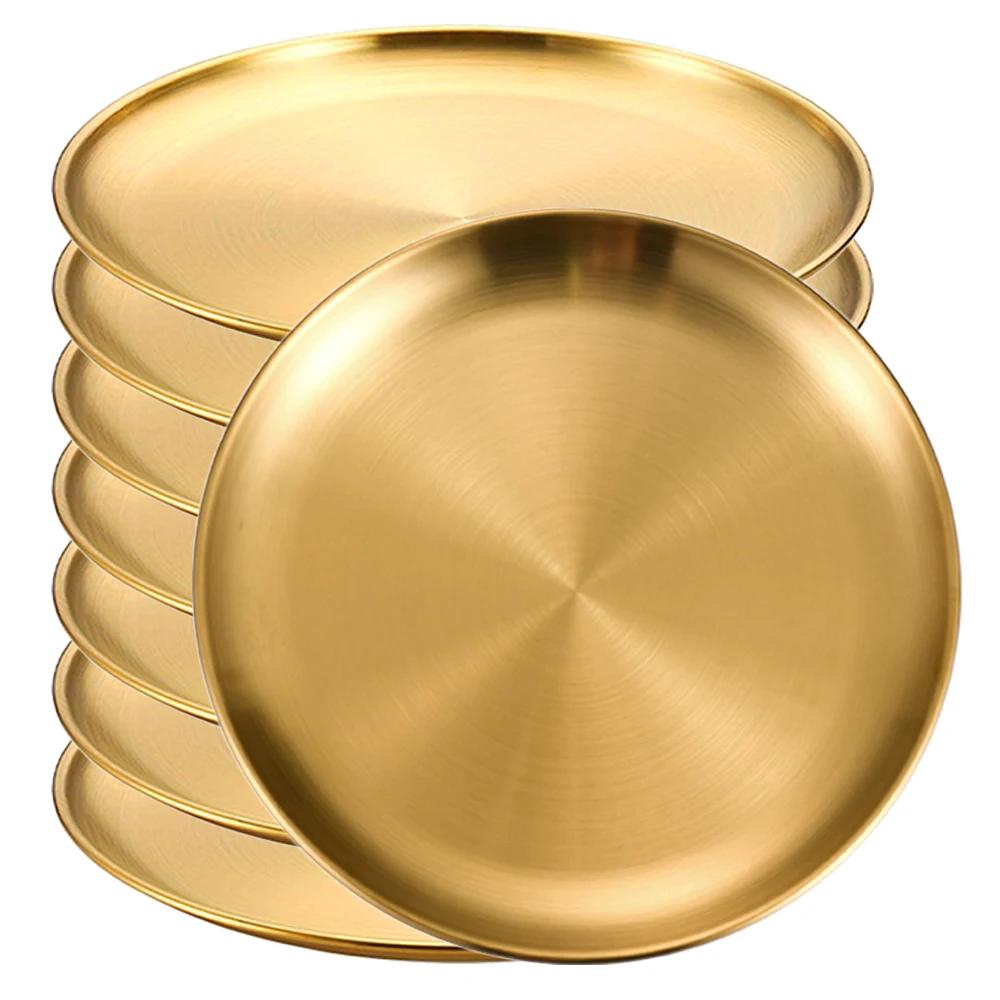 8Pcs Stainless Steels Round Golden Shallow Tray Plate Rust-Proof 14/17/20/23/26cm Camping Plate BBQ Picnic Dishes Cookware