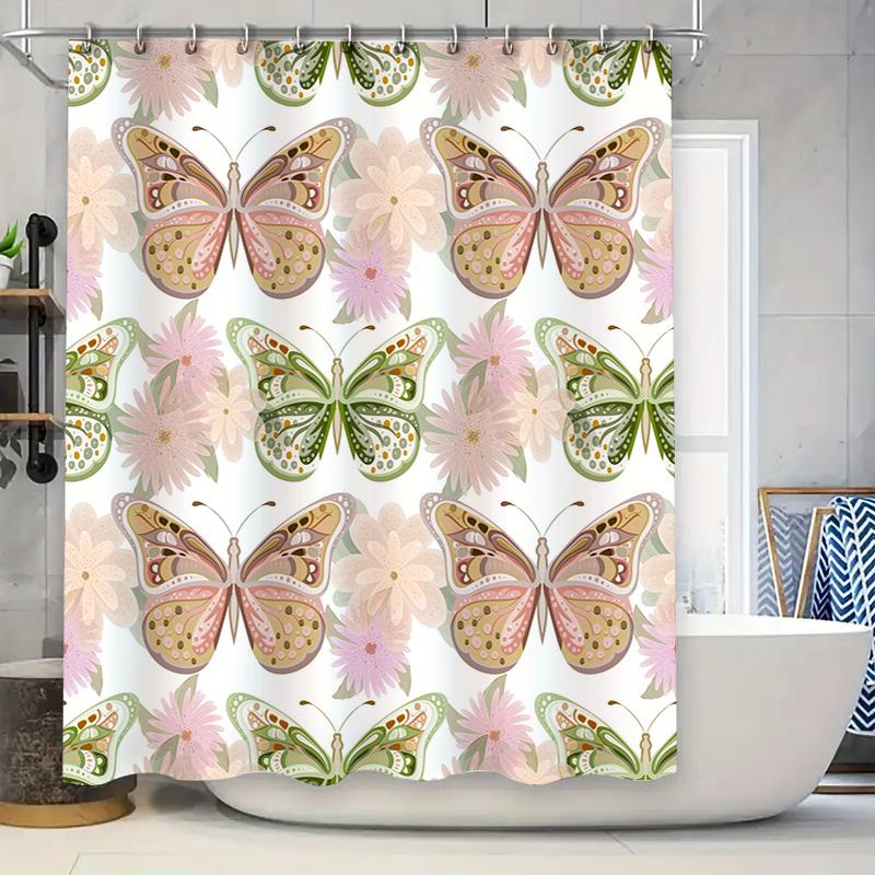 

Butterfly Flower Printed Shower Curtains Pink Green White Bathrooms Decor Waterproof Fabric Room Divider Black Top Panel Home Im W60H190(CM)-1 Pcs