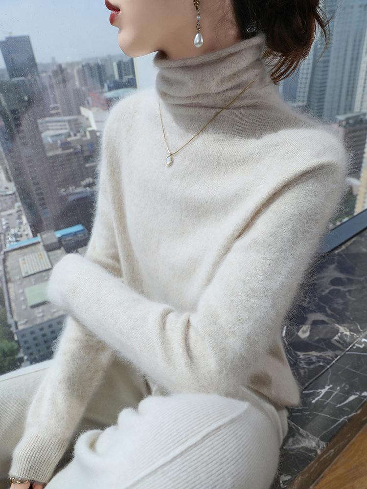 Women's Mink Cashmere Turtleneck Sweater - Short-Sleeved, Loose Fit, Autumn/Winter Warm Knitwear