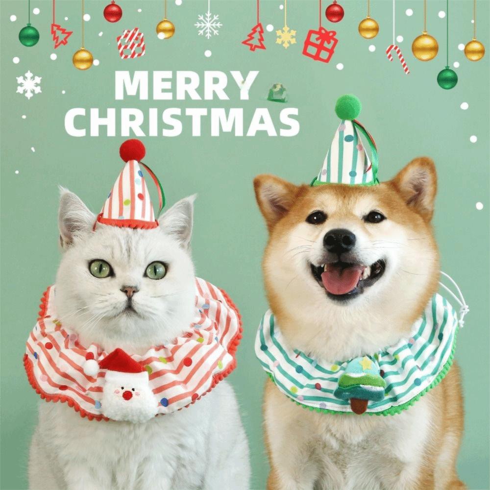 Pet Supplies Cute Christmas Pet Striped Scarf Cotton Adjustable Pet Collar Set Washable Cartoon Pet Bibs Gift
