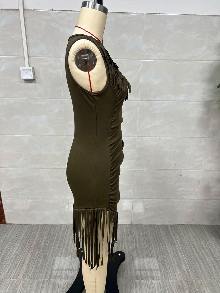 Retro Western Style Deep V Spaghetti Strap Fringe Slim Fit Vest Dress