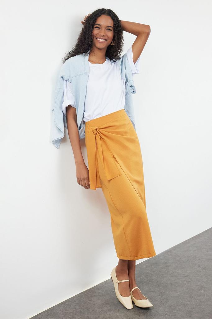 Women's Fashion Cinnamon Double Breasted Tie Detailed Woven Linen Look Skirt