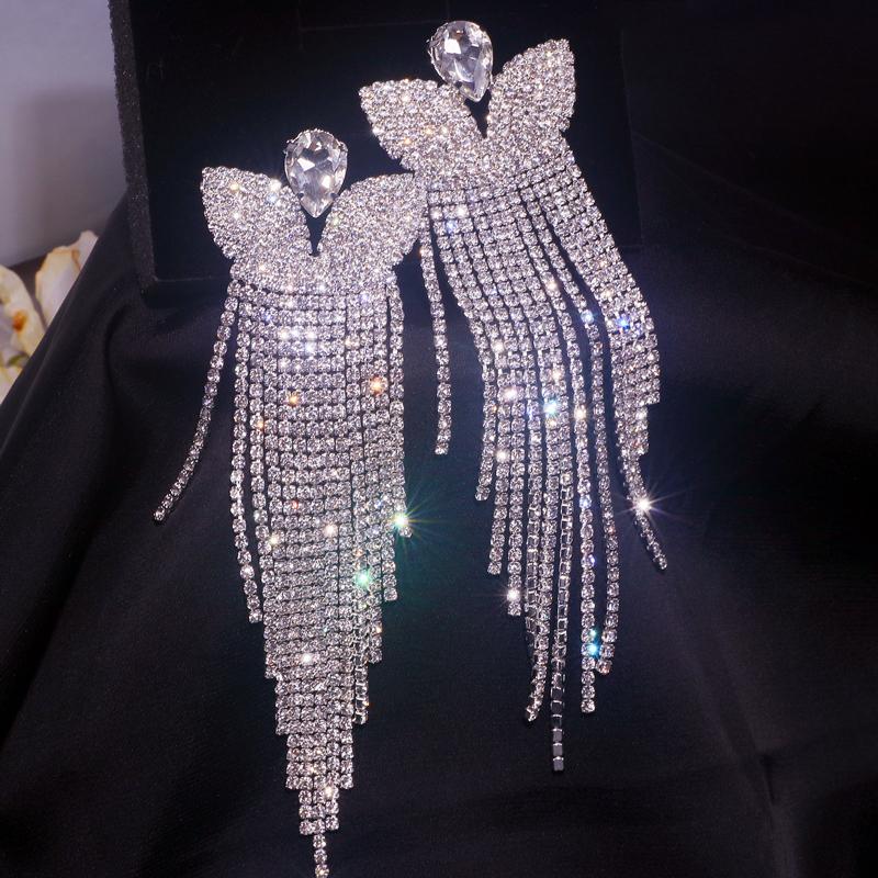 Elegante Weibliche Strass Kristall Tropfen Baumeln Ohrringe Silber Farbe Quaste Lange Ohrringe Für Frauen Hochzeit Große Ohrringe Schmuck